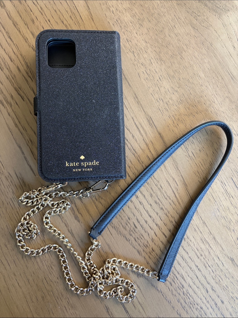 kate spade black leather phone case with gold chain strap